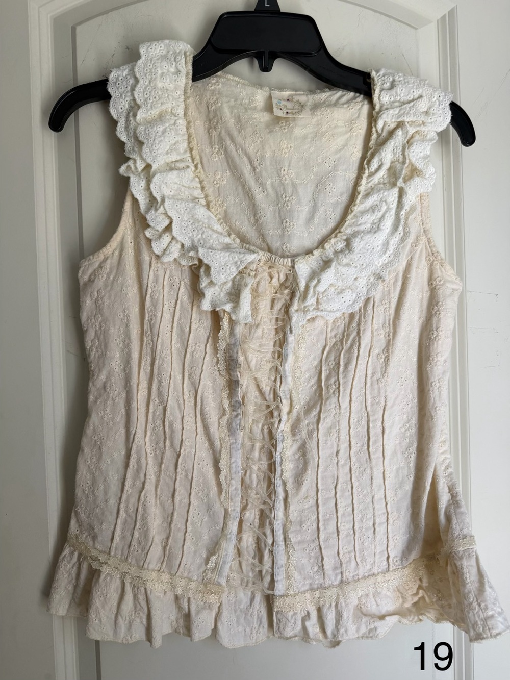 Beaubois Cream eyelet Lace-Up Ruffled Cotton Corset tank Top L cottagecore boho - Picture 2 of 11